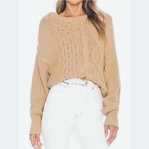 Free People Dream Camel Tan Cable Knit Cotton Crewneck Sweater Loose Medium
